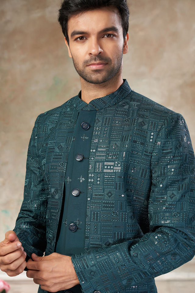 Men's Green Sequin with Embroidered Silk Sherwani Set