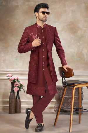 Men's Maroon Sequin with Embroidered Silk Sherwani Set