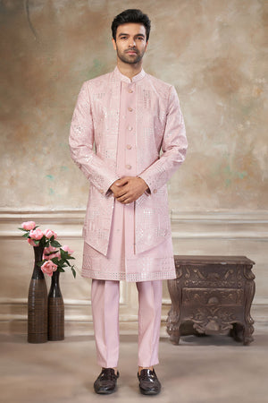Men's Pink Sequin with Embroidered Silk Sherwani Set