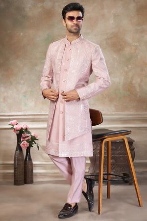 Men's Pink Sequin with Embroidered Silk Sherwani Set