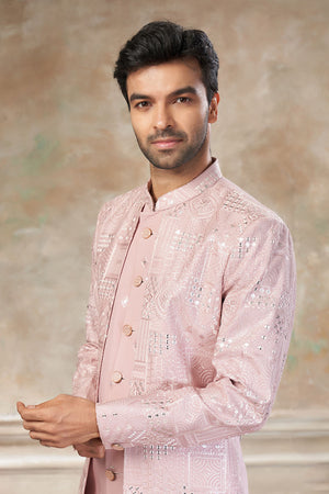 Men's Pink Sequin with Embroidered Silk Sherwani Set
