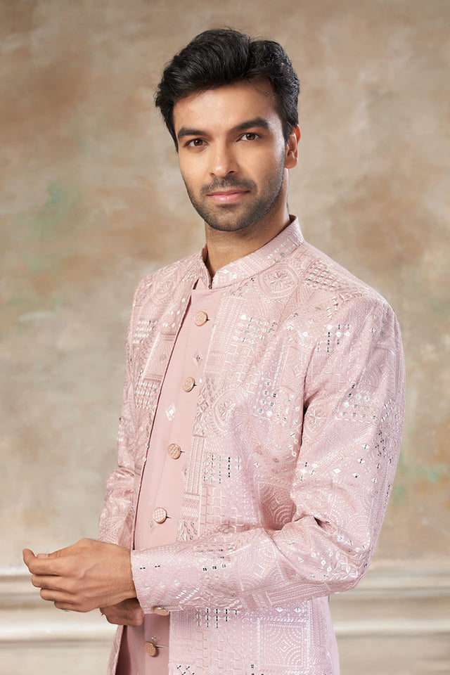 Men's Pink Sequin with Embroidered Silk Sherwani Set