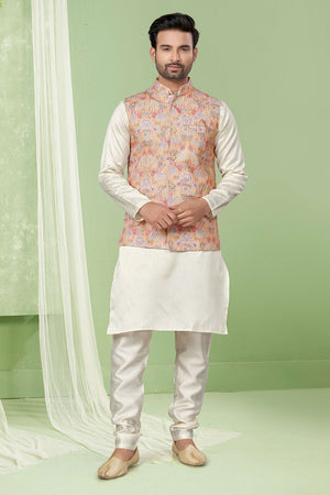 Multi-Color Floral Printed Mastani Silk Kurta Pajama Koti Set