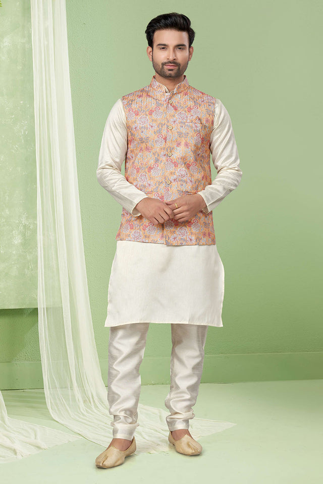 Multi-Color Floral Printed Mastani Silk Kurta Pajama Koti Set