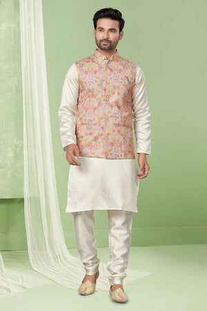 Multi-Color Floral Printed Mastani Silk Kurta Pajama Koti Set