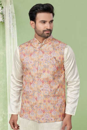 Multi-Color Floral Printed Mastani Silk Kurta Pajama Koti Set