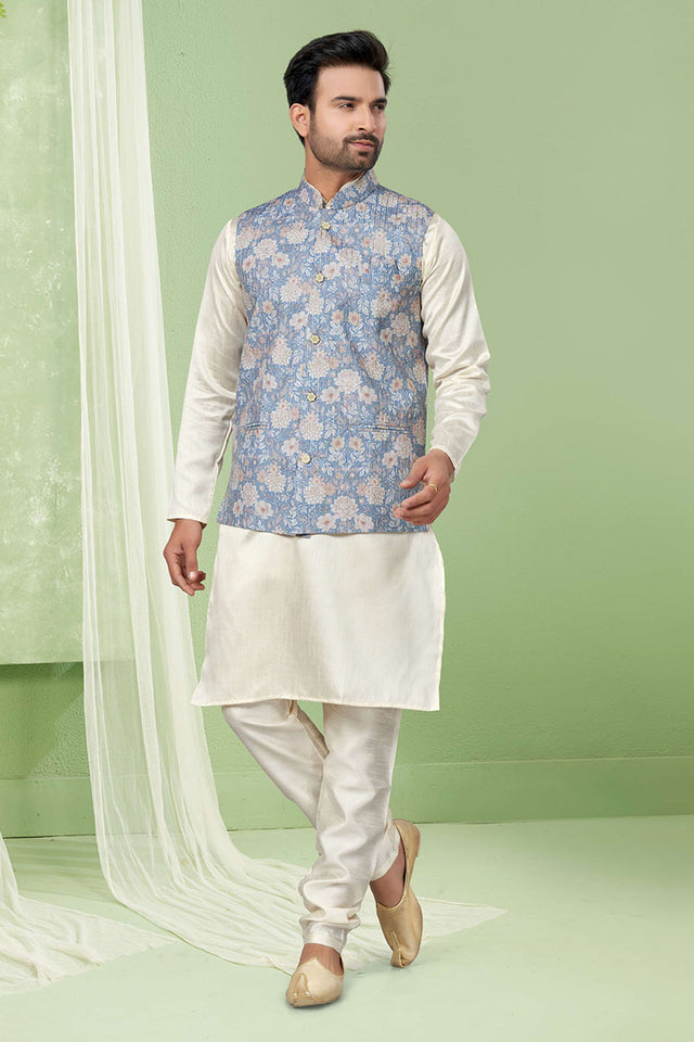 Multi-Color Floral Printed Mastani Silk Kurta Pajama Koti Set