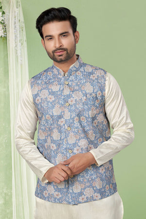 Multi-Color Floral Printed Mastani Silk Kurta Pajama Koti Set