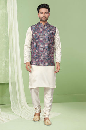 Multi-Color Printed Mastani Silk Kurta Pajama Koti Set