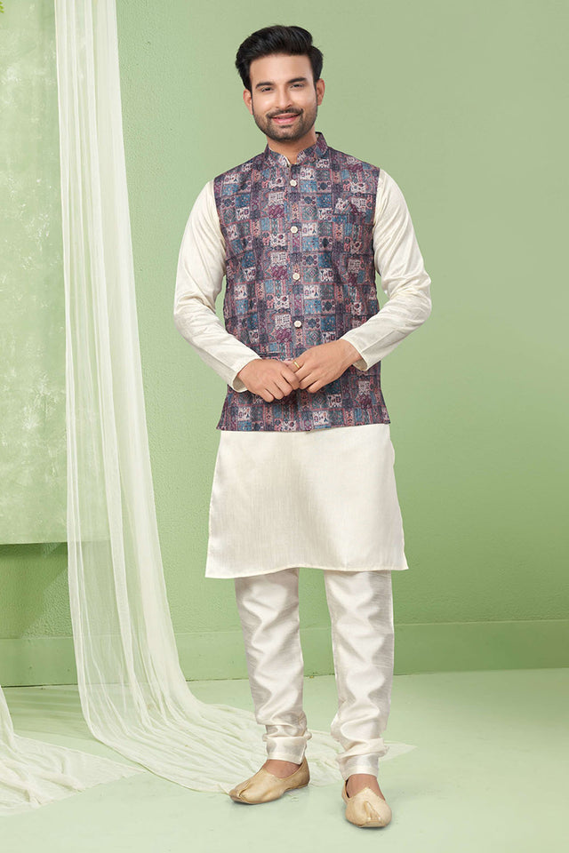 Multi-Color Printed Mastani Silk Kurta Pajama Koti Set