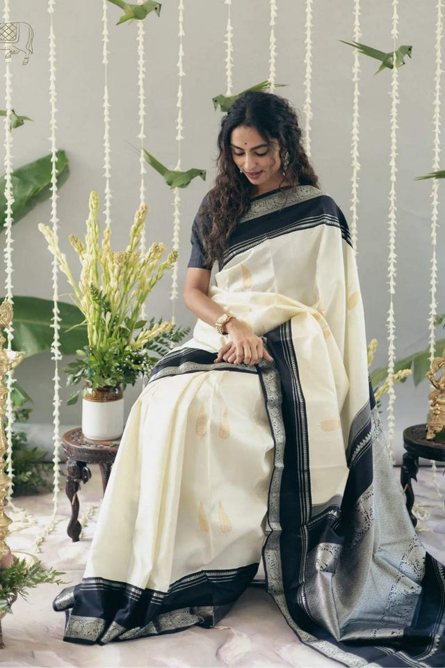 Cream Banarasi Woven Soft Silk Saree (50102)