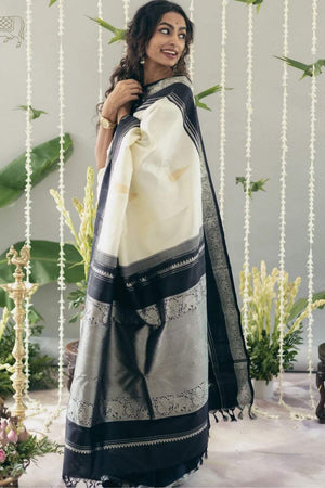 Cream Banarasi Woven Soft Silk Saree (50102)