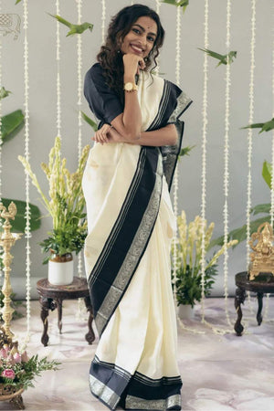 Cream Banarasi Woven Soft Silk Saree (50102)