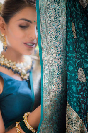 Turquoise Banarasi Woven Soft Silk Saree (50106_2)