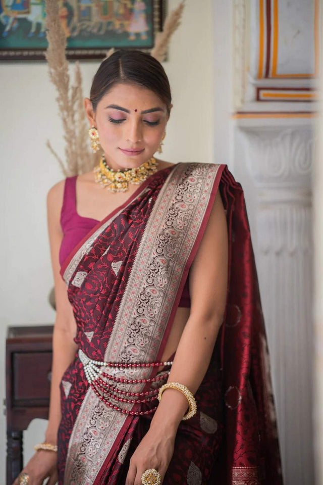 Maroon Banarasi Woven Soft Silk Saree (50106_1)