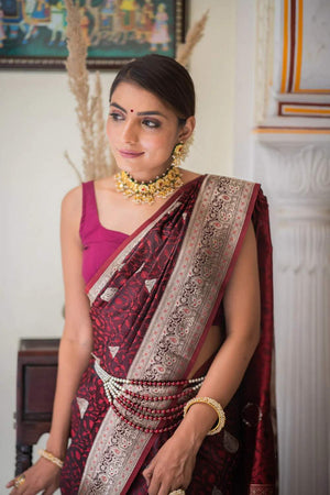 Maroon Banarasi Woven Soft Silk Saree (50106_1)