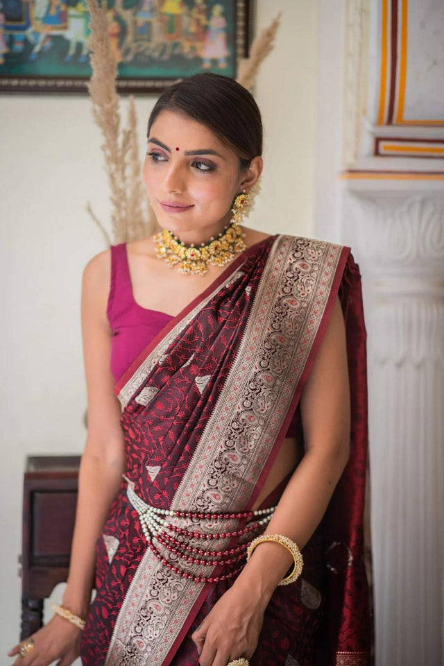 Maroon Banarasi Woven Soft Silk Saree (50106_1)