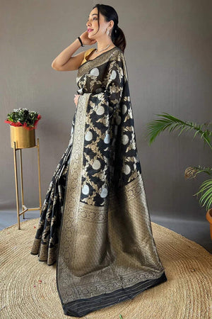 Black Banarasi Woven Soft Silk Saree (50107_1)