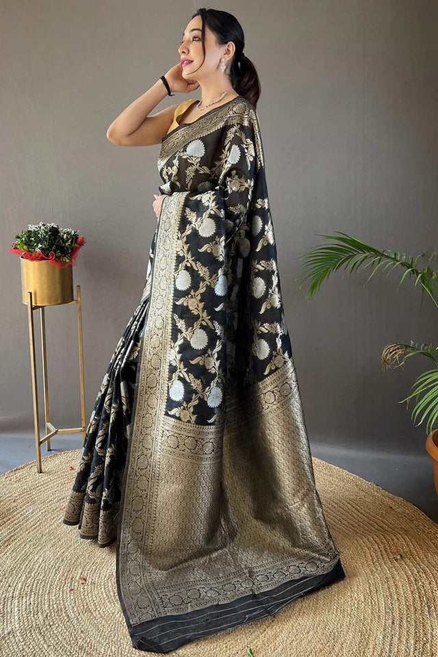 Black Banarasi Woven Soft Silk Saree (50107_1)