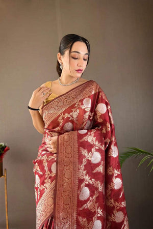 Red Banarasi Woven Soft Silk Saree (50107_4)