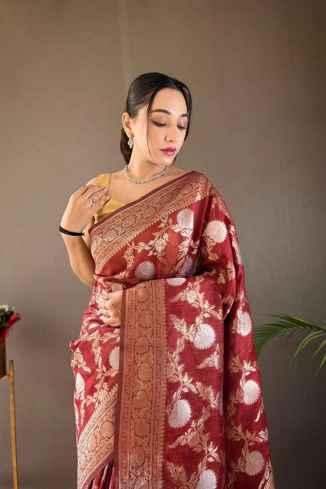Red Banarasi Woven Soft Silk Saree (50107_4)