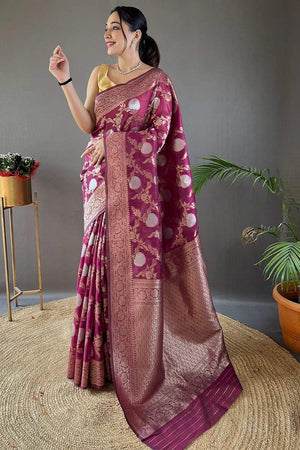 Wine Banarasi Woven Soft Silk Saree (50107_6)