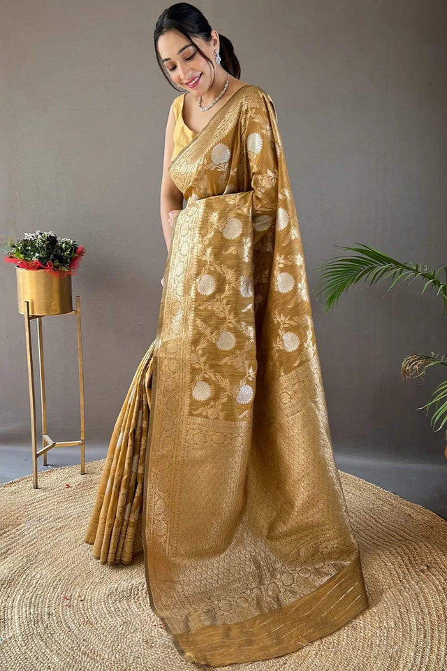 Yellow Banarasi Woven Soft Silk Saree (50107_7)