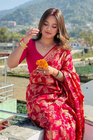 Red Banarasi Woven Soft Silk Saree (50114)