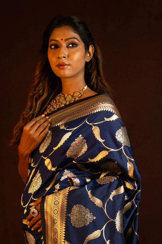 Blue Banarasi Woven Soft Silk Saree (50119)