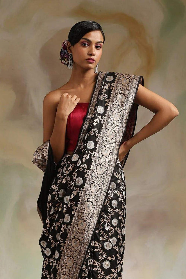 Black Banarasi Woven Soft Silk Saree (50120)