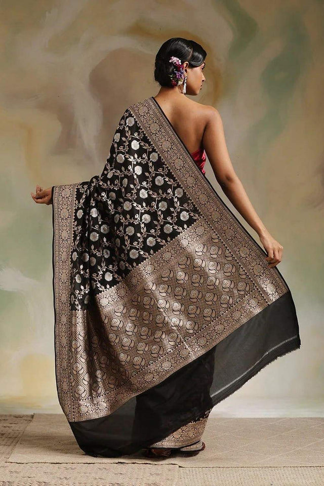 Black Banarasi Woven Soft Silk Saree (50120)