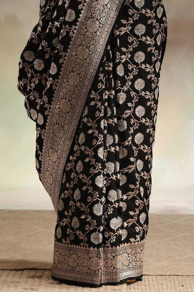 Black Banarasi Woven Soft Silk Saree (50120)