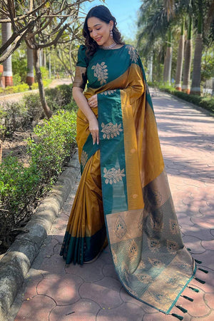 Mustard Banarasi Woven Soft Silk Saree (50130_3)