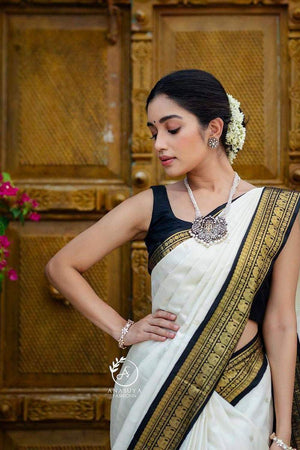 White Banarasi Woven Soft Silk Saree (50131)