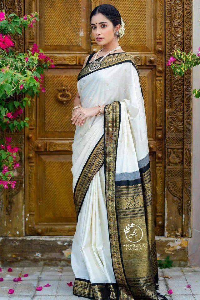 White Banarasi Woven Soft Silk Saree (50131)