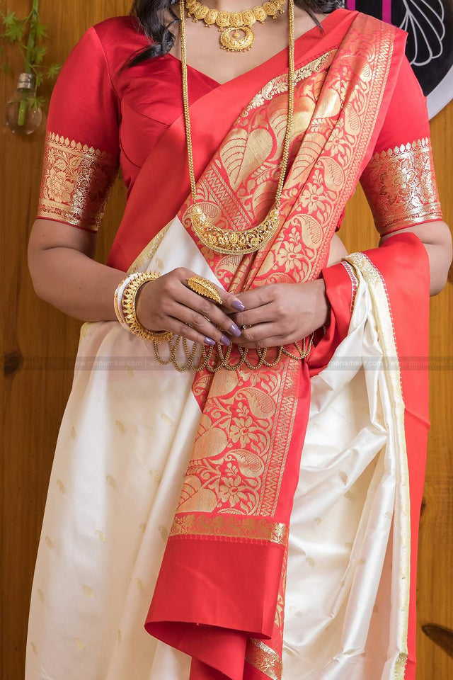 White Banarasi Woven Soft Silk Saree (50139)