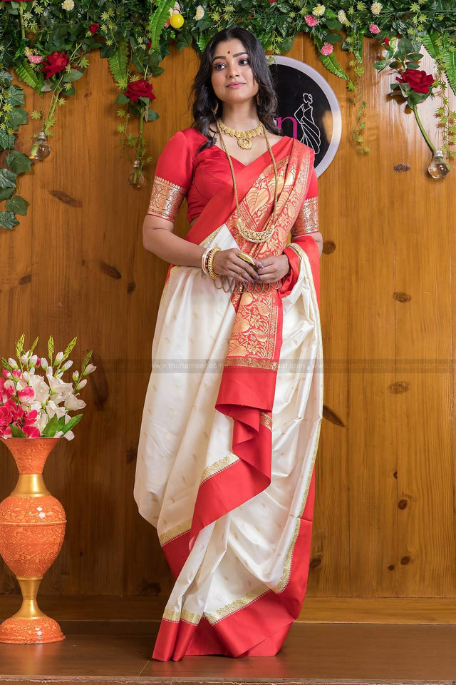 White Banarasi Woven Soft Silk Saree (50139)