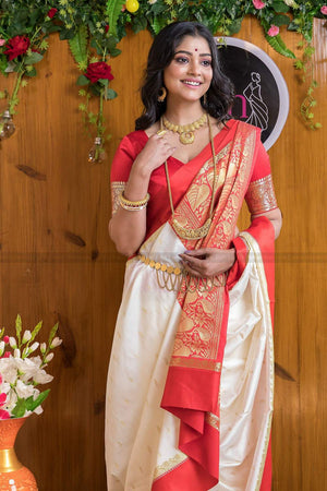 White Banarasi Woven Soft Silk Saree (50139)