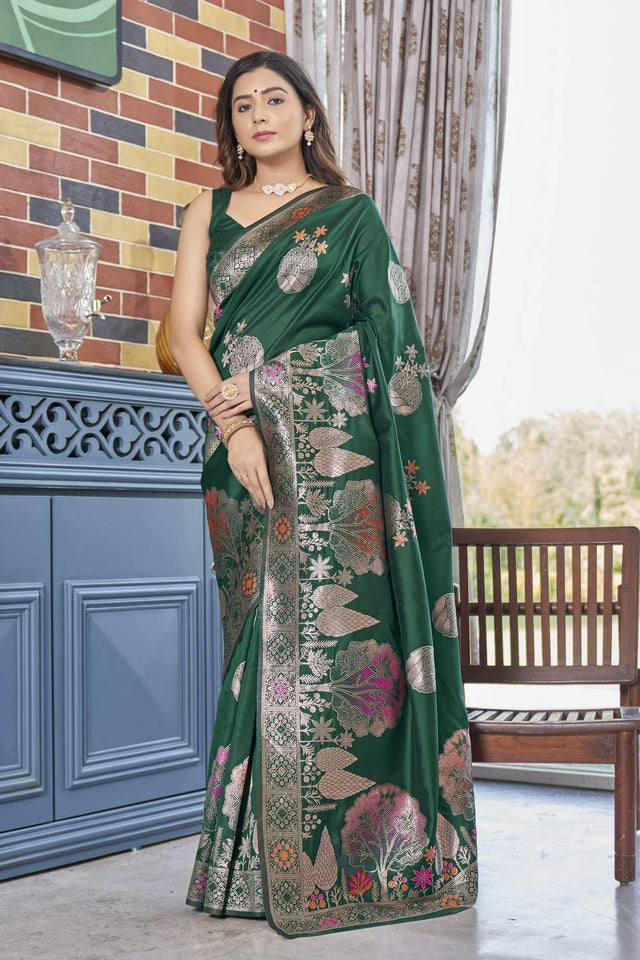 Green Banarasi Woven Soft Silk Saree (50144)