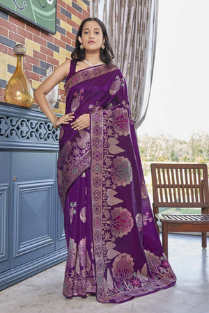 Wine Banarasi Woven Soft Silk Saree (50143_3)