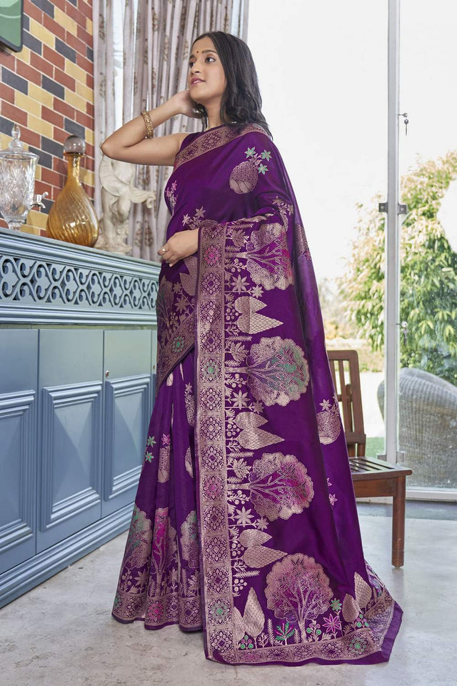 Wine Banarasi Woven Soft Silk Saree (50143_3)