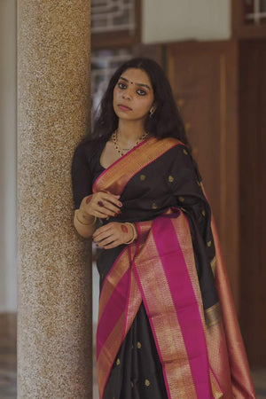 Black Banarasi Woven Soft Silk Saree (50152)