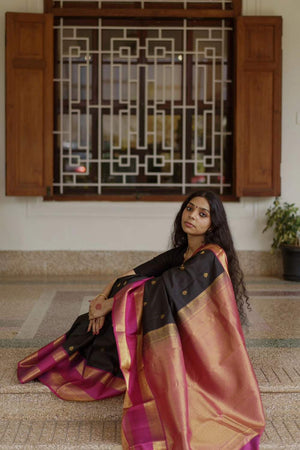 Black Banarasi Woven Soft Silk Saree (50152)