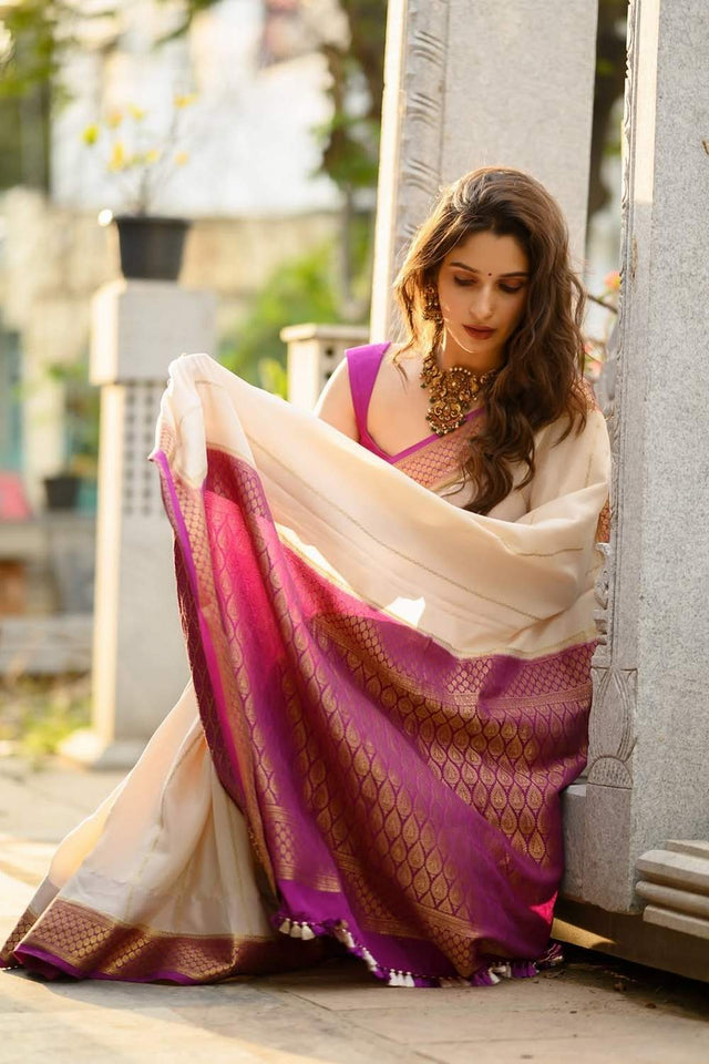 Cream Banarasi Woven Soft Silk Saree (50161)