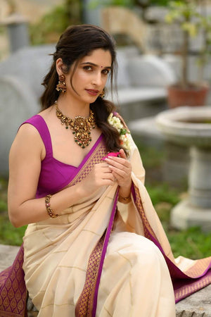 Cream Banarasi Woven Soft Silk Saree (50161)