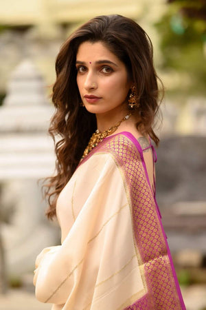 Cream Banarasi Woven Soft Silk Saree (50161)