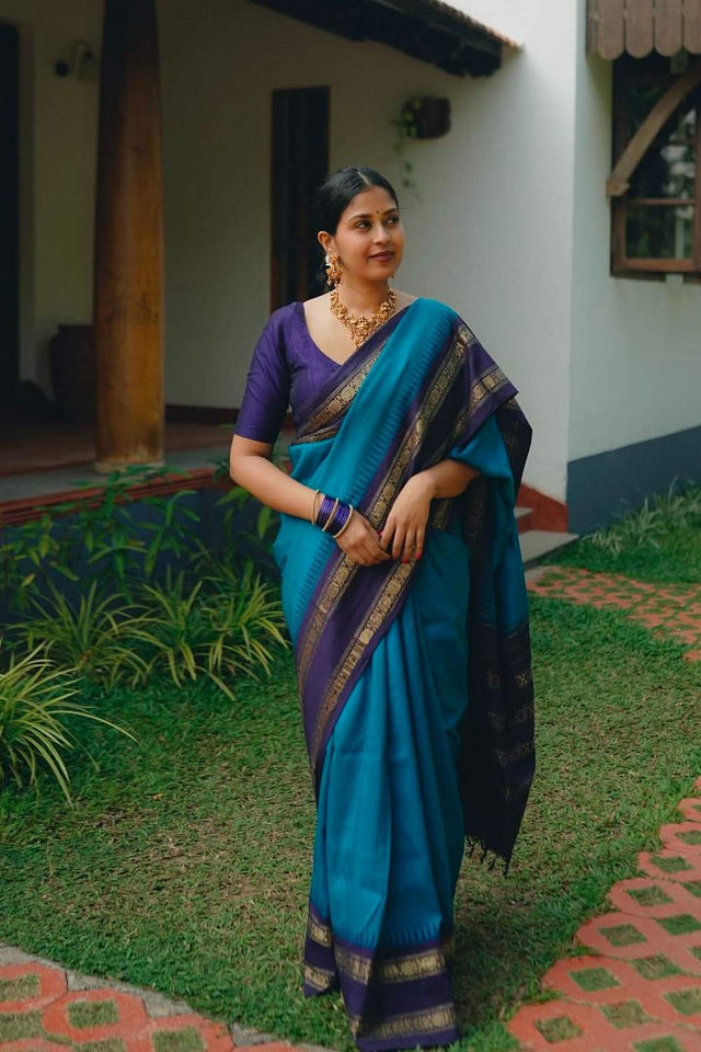 Blue Banarasi Woven Soft Silk Saree (50166)
