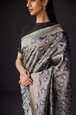 Grey Banarasi Woven Soft Silk Saree (50167)