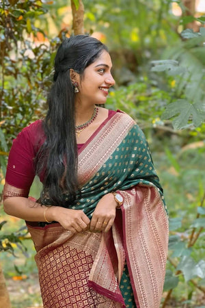 Green Banarasi Woven Soft Silk Saree (50181)