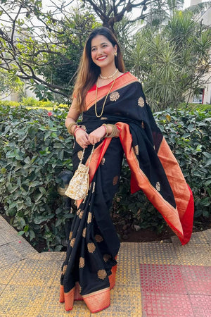 Black Banarasi Woven Soft Silk Saree (50182)